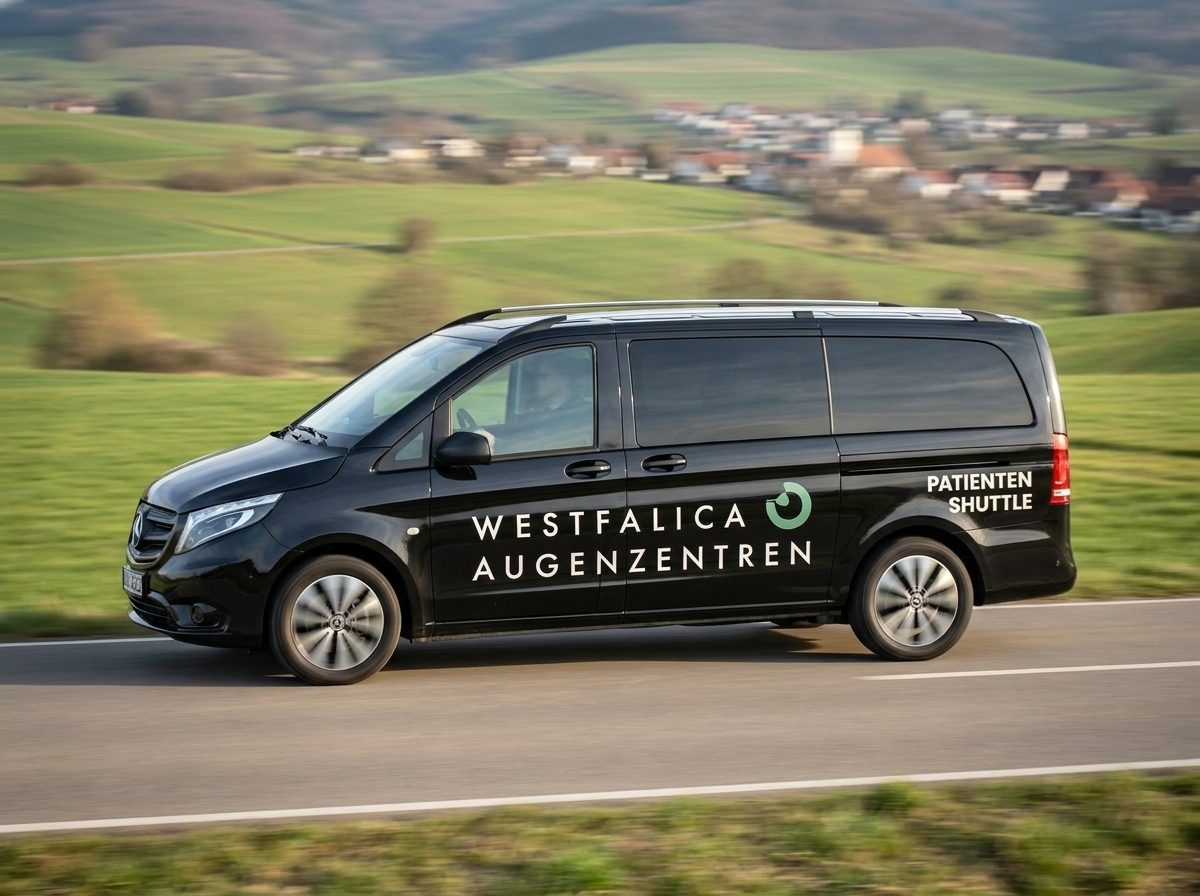 Patientenshuttle der Westfalica Augenzentren auf einer Landstraße.