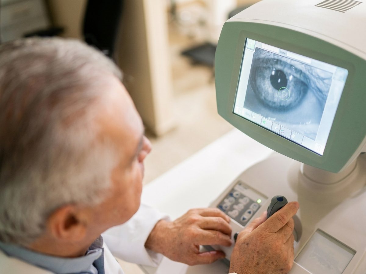 Älterer Patient bei der Augenuntersuchung an einem Diagnostikgerät.