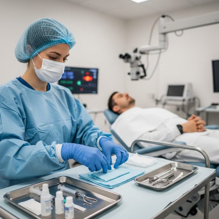 Ärztin bereitet medizinisches Instrument für Augenoperation vor.