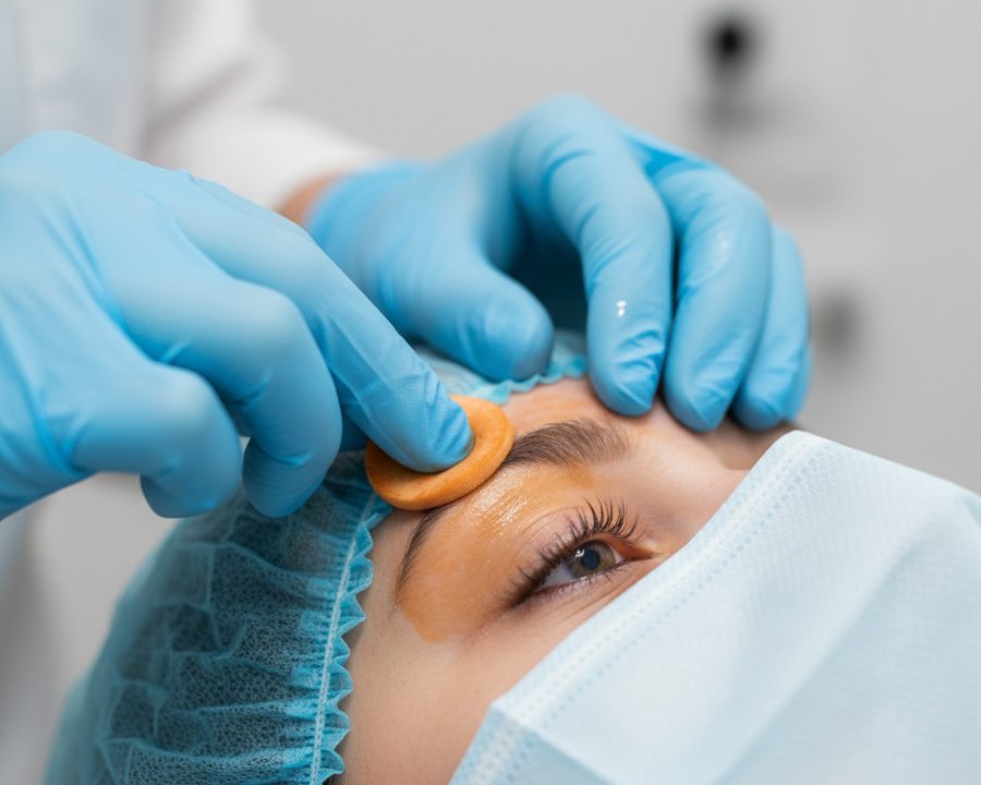 Medizinisches Personal bei Augenoperation mit Hautpflege und Schutzmaßnahmen.