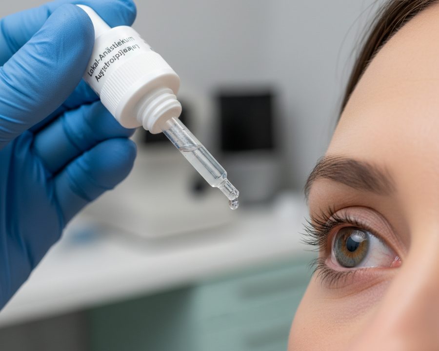 Ärztliche Hand mit Augentropfen vor einem Patientenauge.