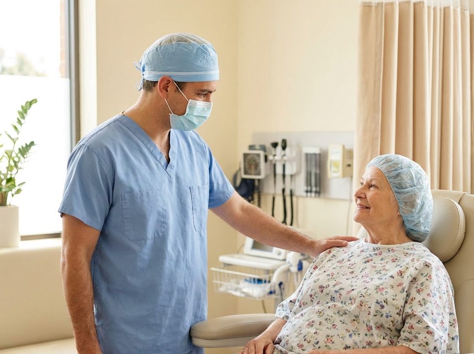 Augenarzt spricht mit älterer Patientin im Behandlungszimmer.