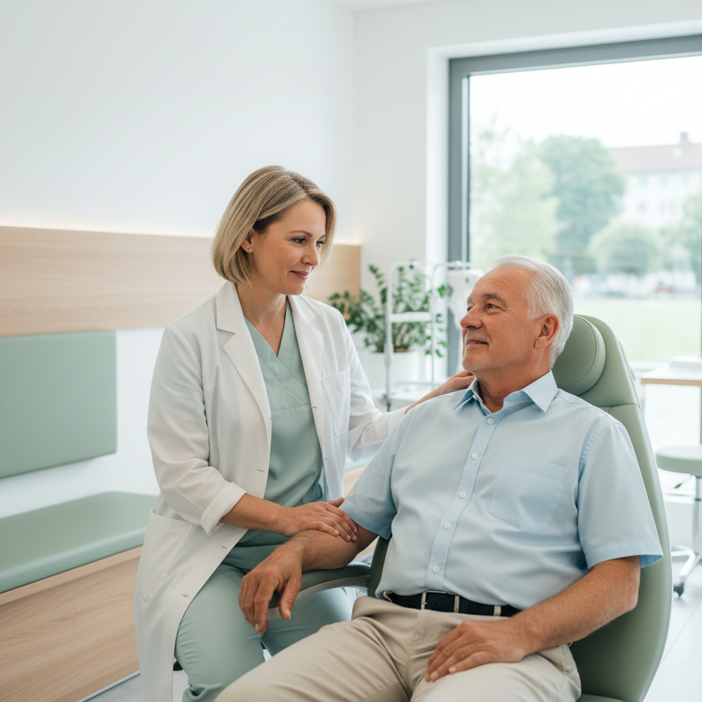Ärztin bespricht die Katarakt-Behandlung mit einem entspannten Patienten in einer hellen, modernen Augenarztpraxis