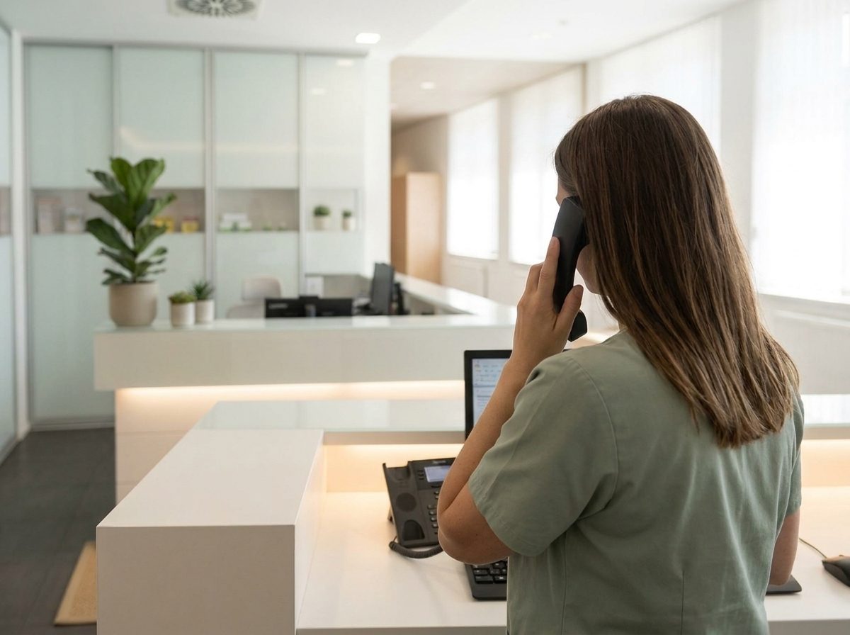Mitarbeiterin am Empfang telefoniert in einer hellen Augenarztpraxis.