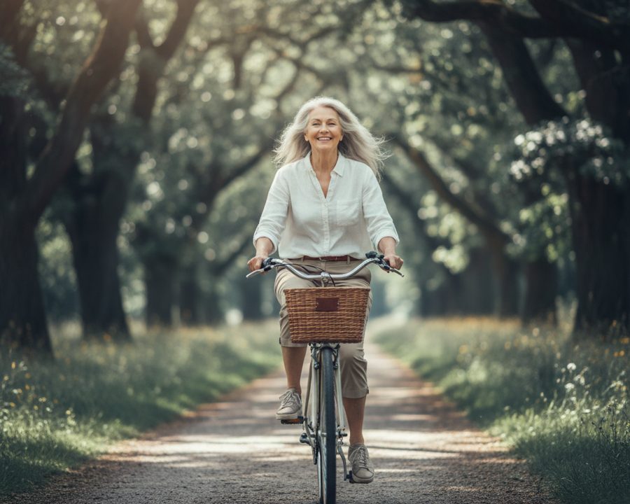 Ältere Frau fährt lachend Fahrrad auf einem Waldweg im Park.