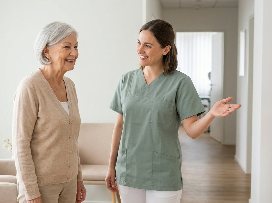 Augenärztin spricht mit älterer Patientin im Behandlungsraum.
