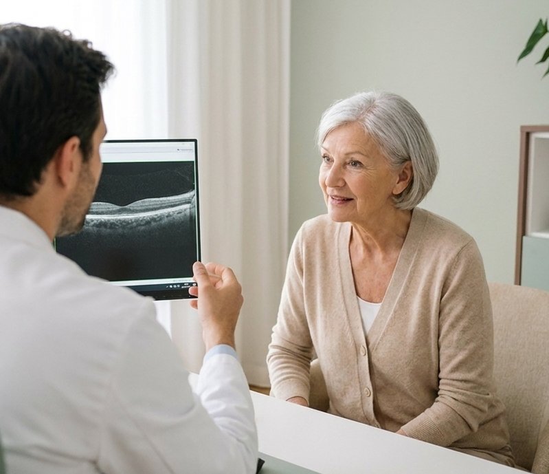 Augenarzt zeigt einer älteren Patientin eine Augenscan-Analyse auf dem Bildschirm.