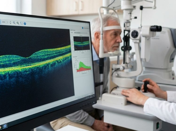 Augenarzt führt OCT-Scan bei Patient durch in moderner Klinik.
