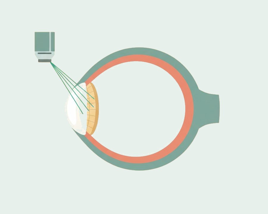 Illustration einer Laserbehandlung am Auge, zeigt Laserstrahlen auf die Hornhaut.