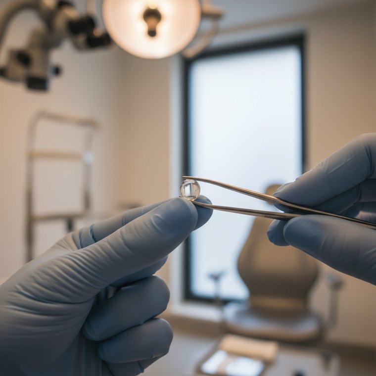 Augenlinse wird mit feinem Instrument in einem Operationssaal behandelt.