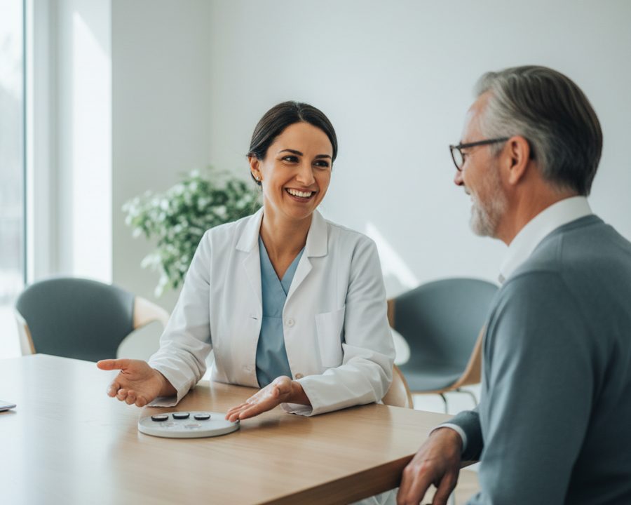 Ärztin spricht mit einem älteren Patienten in einem Behandlungsraum.