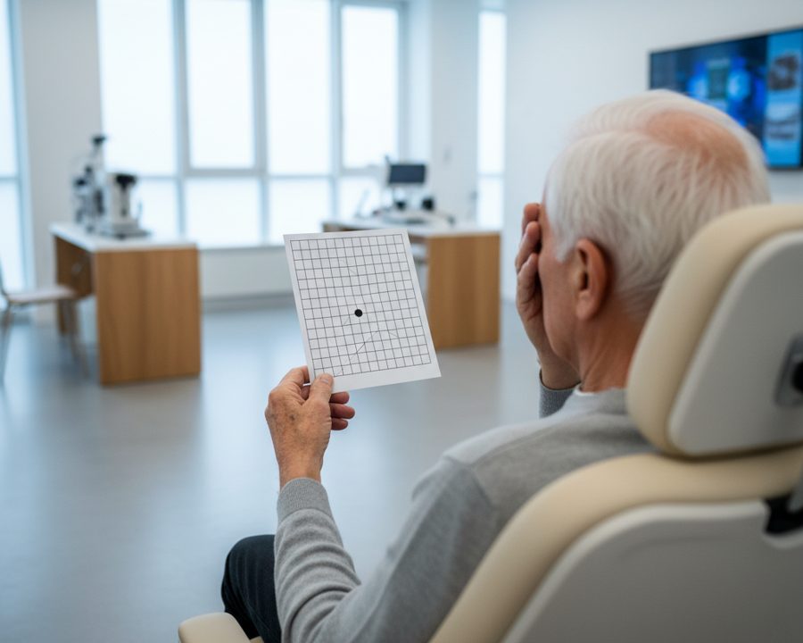 Älterer Patient sitzt im Behandlungsraum und hält ein Sehtest-Chart in der Hand.