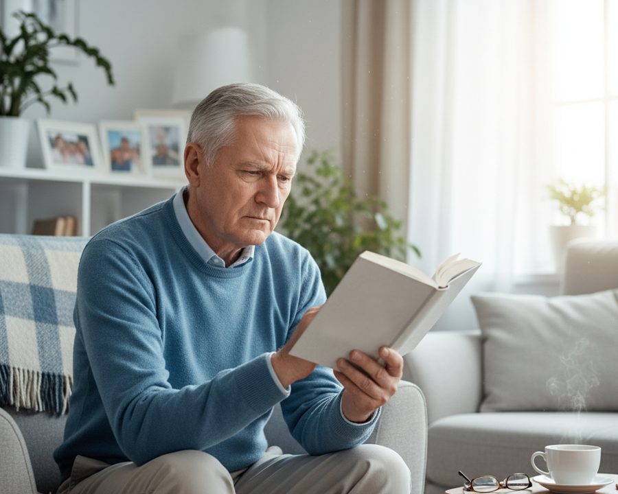 Senior Mann liest konzentriert ein Buch im Wohnzimmer.